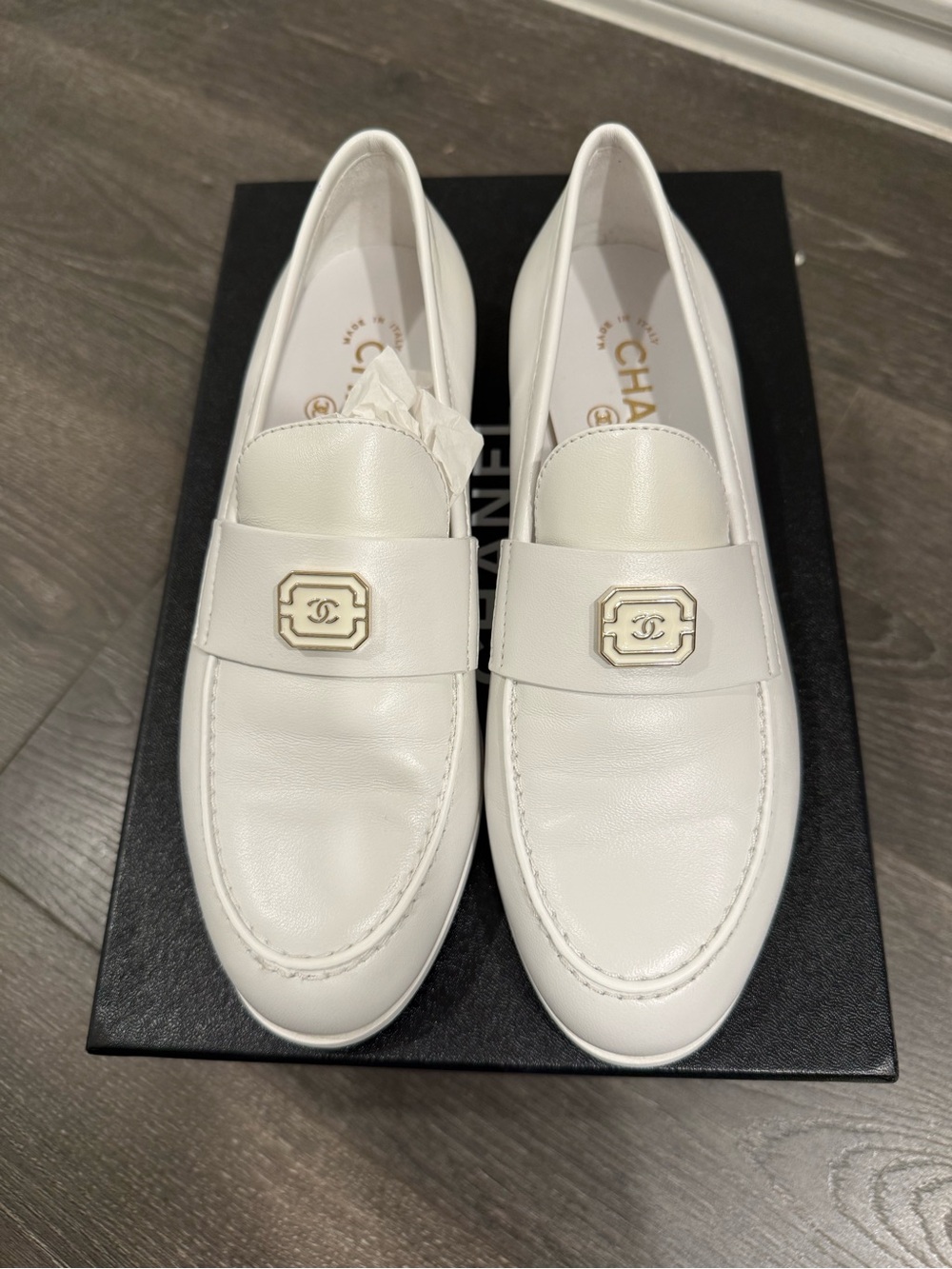 CHANEL 24A White Leather Gold CC Loafers Moccasins 36.5 NEW G45569